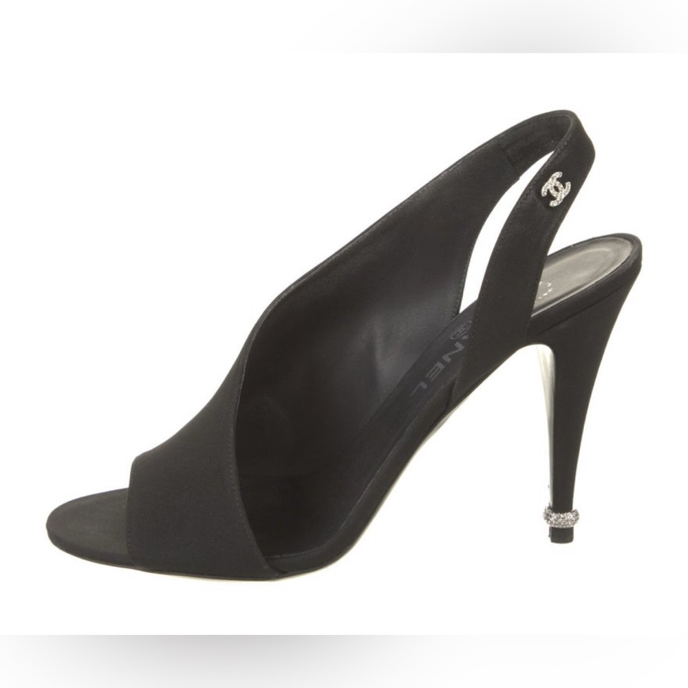 CHANEL Black Satin Slingback Peep-Toe Heels with Crystal CC Accent